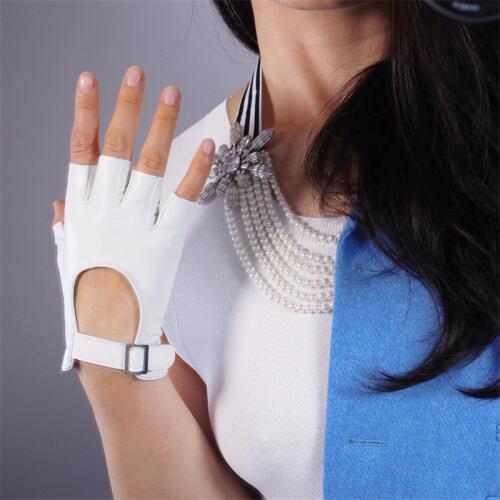 Real Leather Half Fingers Gloves White Silver Square Buckle Ultra-Thin Pure Sheepskin Fingerless Driving Spring Summer WZP14