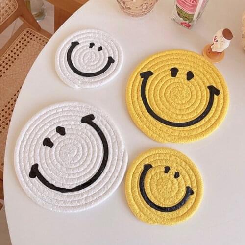 Smiley Placemat Cotton Rope Coasters Hademade Woven Table Pad Heat Insulation Bowl Cup Tea Pot Mats Kitchen Accessories Decor