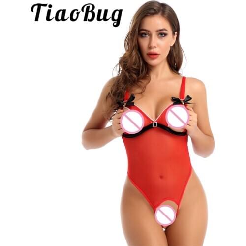 Sexy Lingerie Hot Erotic Christmas Costume for Womens Ladies See Through Mesh Open Cup High Leg Cut Crotchless Leotard Bodysuit