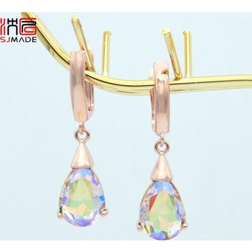 SJMADE Fashion Korean Elegant Colorful Water Drop Crystal Dangle Earrings Fashion 585 Rose Gold Eardrop For Women Jewelry Gift