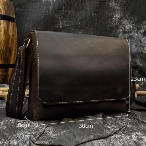 Genuine Leather Man Shoulder Bag Vintage Crazy Horse Cow Leather Messenger Crossbody Bag A4 Business Work Bags Brown Flap Bags