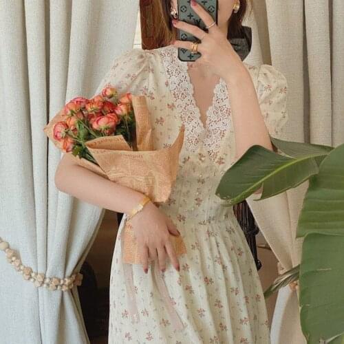 Vintage Floral Dress Women Elegant Lace Chiffon Korean Party Puff Sleeve V Neck Midi Dress Fall Dresses for Women 2021 VD2138