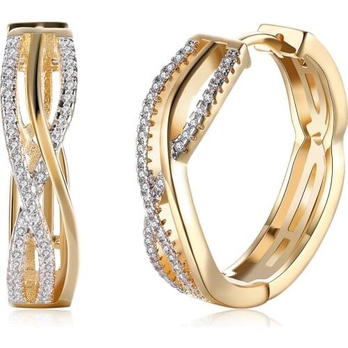 ZEMIOR Round Hollow Line Shape Hoop Earrings For Women Champagne Gold Earring Anniversary White Cubic Zirconia Fashion Jewelry