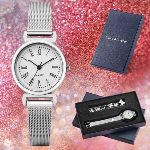 Women Silver Butterfly Bracelet Quartz Watch Arabic Numerals White Dial Wristwatch Mesh Band Birthday Gift Set for Wife Daughter