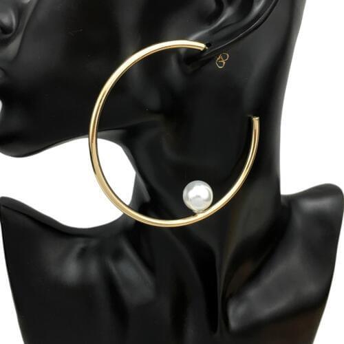 65mm Diameter Simulated Pearls Hoop Earrings For Women Statement Gold Color Metal Big Earrings Brincos Jewelry UKMOC
