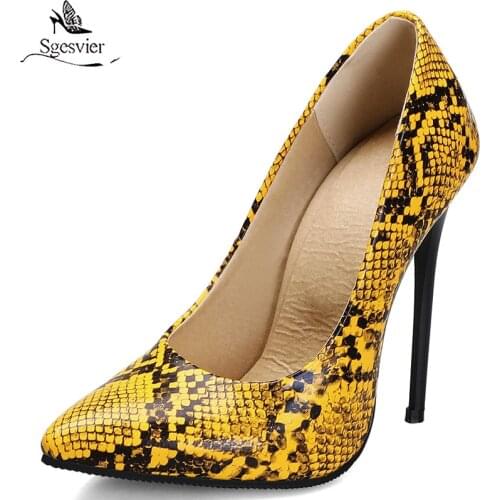 Sgesvier Fashion 12cm High Heels Pumps Shoes Woman Green Yellow Snake Print Womens Heels Party Office Shoes Female Large Size
