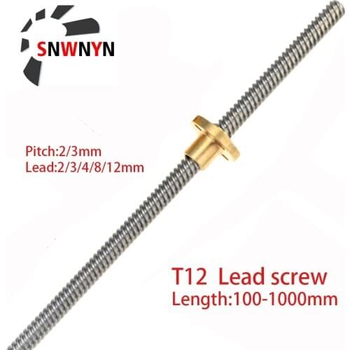 1pc T12 Lead Screw 100mm 150 200 250 300 350 400 450 500 600 1000mm Picth 2mm Lead 2 4mm 8 12mm Trapezoidal Screw With Brass Nut