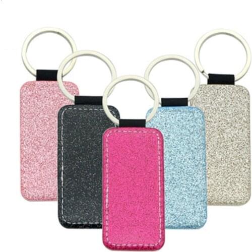 100pcs/Lot blank single side shinning glitter keyring sublimation blanks heat transfer PU Leather DIY Keychain Sublimation blank