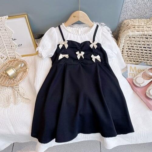2021Elegant Korean Style Waist Small Bow Princess Dress Stitching A-line Chiffon Flower Bud Sleeve Flower Collar Skirt 1-7Y Girl