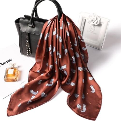 2020 High Quality Women Silk Scarf Fox Print Cute Neck Scarfs Lady Foulard Headband Scarves Female Hand Kerchief