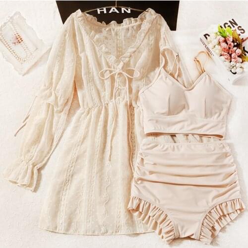 2021 Women Solid High Waist Bikini Swimwear with Cover-Up Swimming Beach Wear Bathing Suit Plus Size Bandage Biquini Swimsuit