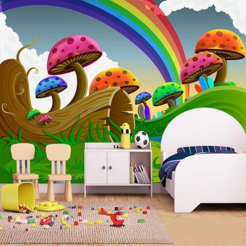 3D Cartoon Cute Mushroom Rainbow Mural Wallpaper Childrens Room Eco-Friendly Background Wall Covering Mural Papel De Parede 3 D