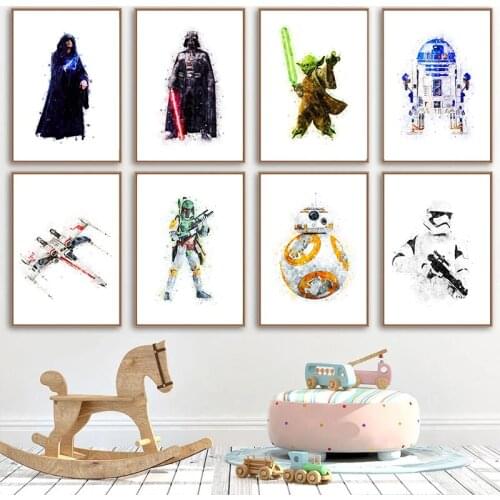 Star Wars Watercolor Painting Yoda Darth Vader Wall Art Canvas Print Poster Nursery Painting Nordic Baby Bedroom Decor Gift