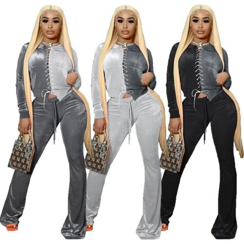 Velvet Two Piece Set women autumn outfit jogger tracksuit casual Lace Up long sleeve Pullover Top Flare Pants Sporty Suit