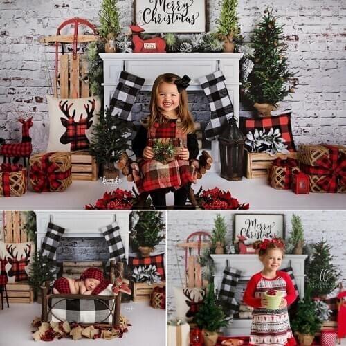 Merry Christmas Photography Background Xmas Tree White Brick Wall Backdrop Fireplace Child Party Decoration Props Photo Studio