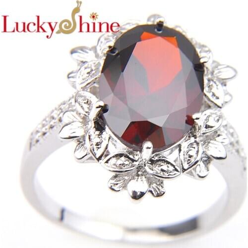 Luckyshine New Arrival 2019 Silver For Women Rings Flower shape Oval Red Garnet Christmas Rings Russia Australia Rings