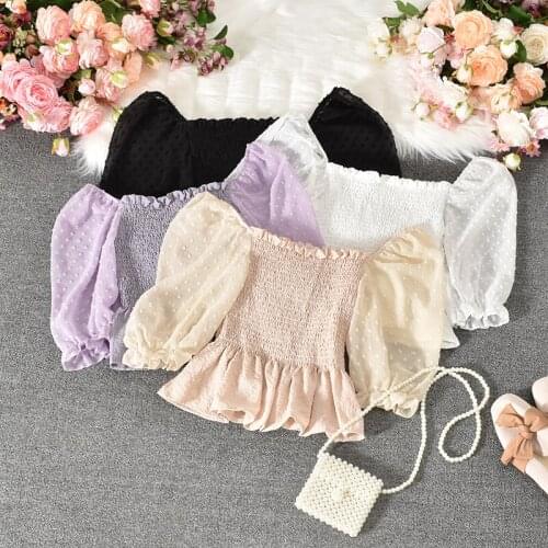 Puff Sleeve Summer Slash Neck Mesh Gauze Basic Ruffles Shirt Lady Short Elastic Slim Folds Three-dimensional Dots Summer Clothes