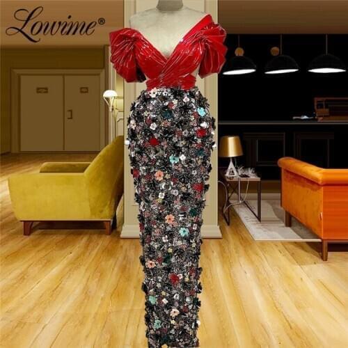 Lowime Dubai Evening Dress 2021 Robes V-Neck Handmade with Flowers Arabic Formal Party Gown Long Prom Dresses Vestidos Festa