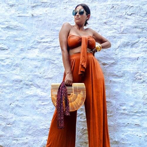 2021 Fashion European and American New Womens Sexy Solid Color Lace-Up Tube Top Trousers Two-Piece Suit