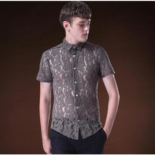 Fanzhuan Free Shipping New fashion casual male mens short sleeved transparent hollow lace shirt embroidered 713107-2 blouse2017