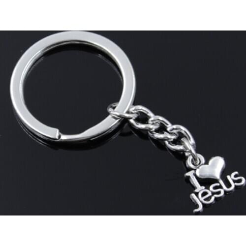 New Fashion Men 30mm Keychain DIY Metal Holder Chain Vintage I Love Jesus 15x13mm Silver Color Pendant Car Keychain Gift