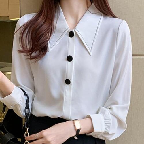 Long Sleeve Office White Blouse Shirt Blouse Women Blusas Mujer De Moda 2021 Turn Down Collar Chiffon Blouse Shirt Blusa D659