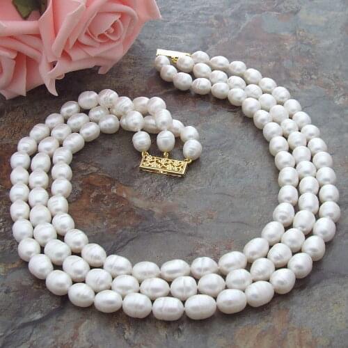 3 Strands 8-9mm White Rice freshwater Pearl Necklace 17"-19"