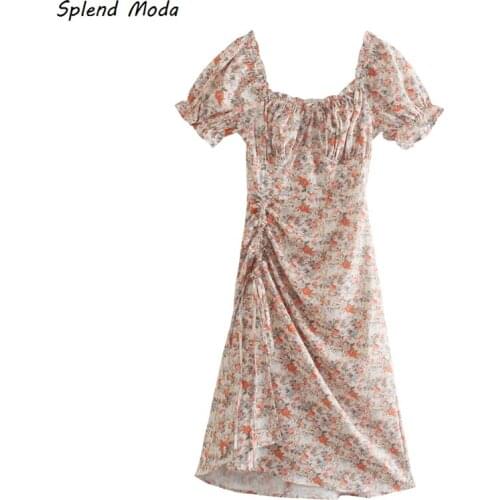 Splend Moda Printed Dress Women Summer 2021 Square Collar Side Drawstring Vintage Floral Folds Puff Sleeve Dresses Zipper