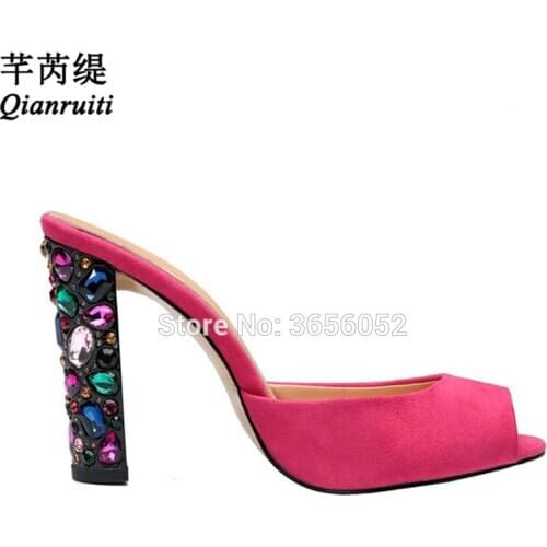 Qianruiti Sapato Feminino Sexy Peep Toe Sandals Slip On Outdoor Slippers Women Summer Shoes Multicolor Crystal Block Heel Slides