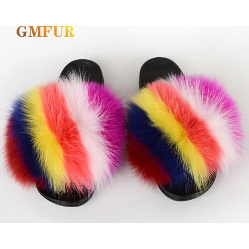 Fur Slides Women Fashion High Quality Real Fox Hair Slippers Luxury Furry Indoor Female Flat Sandals Cute Fluffy House Shoes New