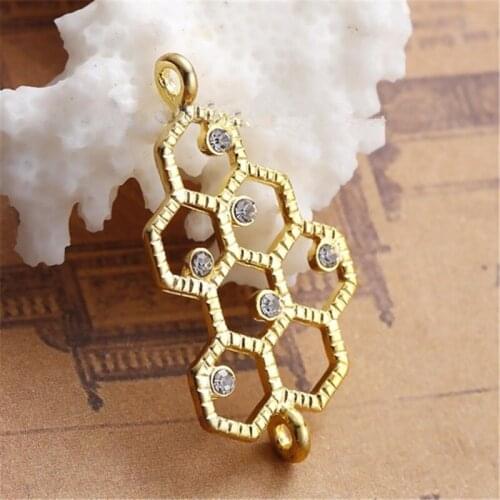 8Seasons Zinc Based Alloy Connectors Findings Honeycomb Gold Plated Hollow Clear Rhinestone 31mm(1 2/8") x 17mm( 5/8"), 5 PCs