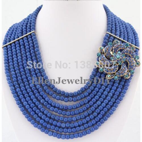 Top Design Royal Blue beautiful Jewelry Necklace 8 Rows Nigerian beautiful Necklace Wedding Gift Holiday Party Necklace
