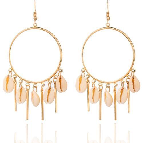 Vintage Ethnic Golden Silver Circle Round Drop Earrings with Shells for Women Female Party Dangle Earrings Jewelry Accessories