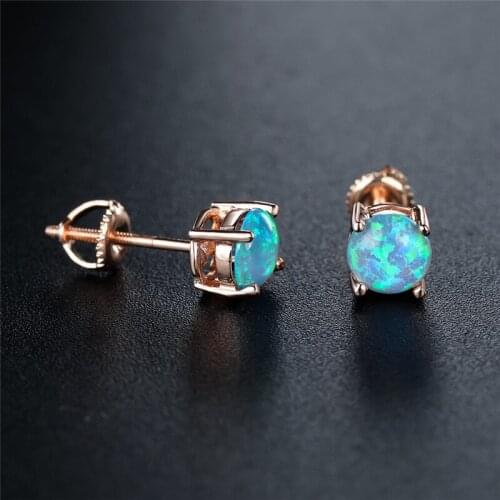 Dainty Rose Gold Screw Back Earrings White Blue Pink Opal Earrings 6mm Round Stone Small Stud Earrings For Women Wedding Jewelry