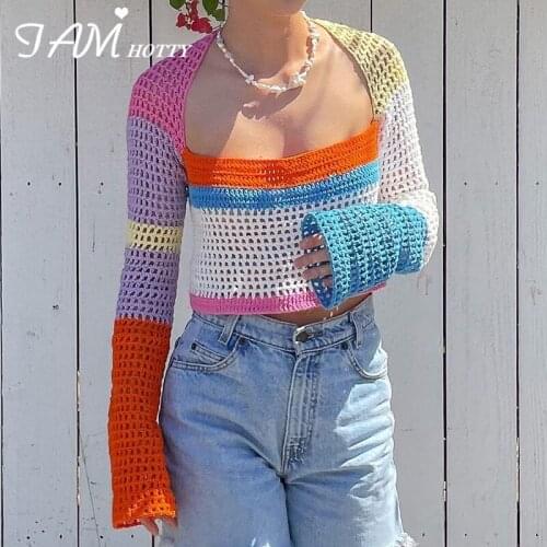 Y2k Crochet Top Tee Women Aesthetic Striped Knitted Patchwork T-shirt Elegant Long Sleeve Cropped Top Pullover Knitwear Iamhotty
