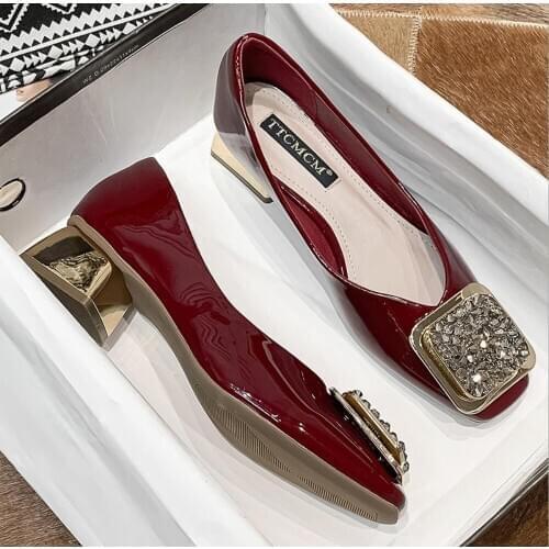 2021 Women Patent Leather Pumps Woman Spring Crystal Square Opening Slip On Square Head Wedding Shoes Fashion Thick Heels Ladies