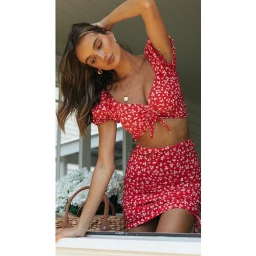 Kayotuas Women New Two Piece Set Summer Boho Floral Office Ladies Short Sleeve V-Neck Crop Top Blouse and Mini Skirt Outfit