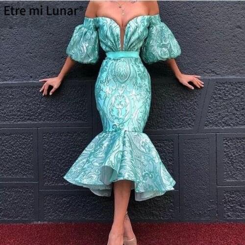 2020 Dubai Mermaid Elegant Half Sleeves Mint Green Evening Dress Off Shoulder Sequin Prom Dress vestido de noche LE40739