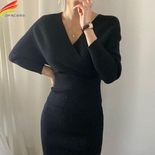 New 2020 Autumn Winter Sweater Dress Women Khaki Pink Black Knee Length Rib Knitting Long Sleeve V Neck Sexy Dresses Female