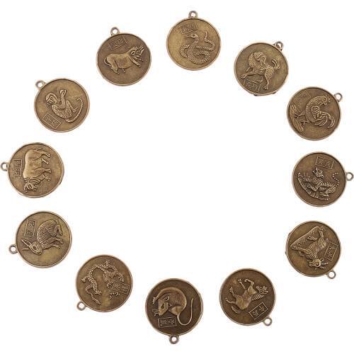 12pcs/set Bronze Chinese Zodiac Animals Coin Charms Pendant Handwork Crafts Jewelry Findings
