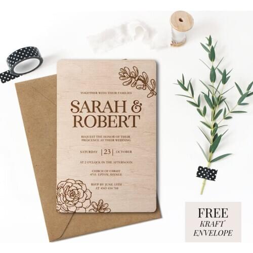 Rustic Summer Succulent wooden wedding invitations, Personalized wood wedding wedding invitation