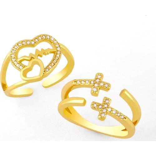 FLOLA Gold Plated CZ Double Heart Rings For Women Crystal Open Adjustable Finger Rings Women Jewelry 2021 Gift rigk82