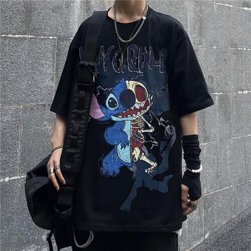 A new hip-hop trend dark cartoon print shirt cartoon Hong Kong style short-sleeved lovers t shirt men and women