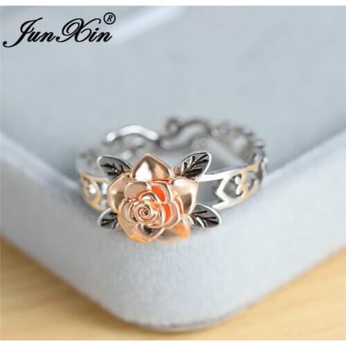 Exquisite Two Tone Floral Rings For Women White Gold Color Rose Flower Ring Engagement Wedding Bands Valentine Jewelry