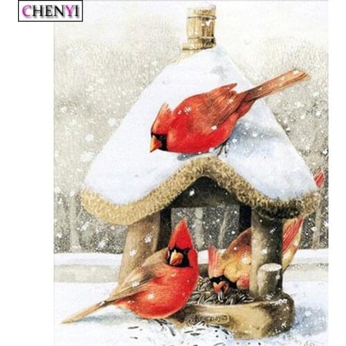 CHENYI 5D DIY Diamond Painting Snow House Full Square Diamond Embroidery Cross Stitch Mosaic Picture Bird Christmas Decoration