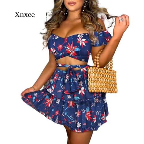 Summer Fashion Ladies Slim One-Shoulder Top Floral Dress Two Piece Set