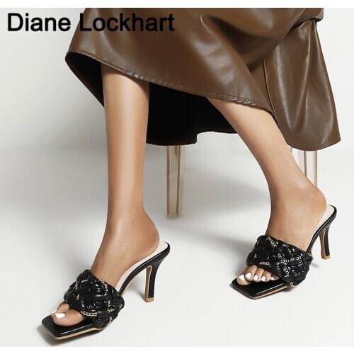 Marian Sqaure Toe Slides Womens Mules Heels Shoe Black PU High Heel Shoes Women Sandals Woman Leisure Vacation Sliper Designer