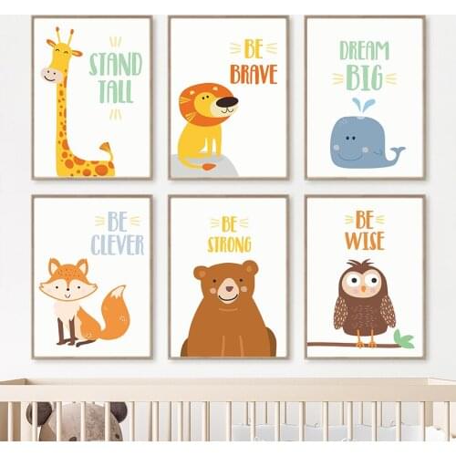 Cartoon Lion Giraffe Fox Bear Owl Whale Wall Art Canvas Painting Nordic Posters And Prints Animals Wall Pictures Kids Room Decor