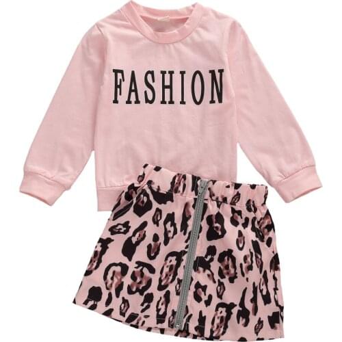 Toddler Kid Baby Girls Clothing Long Sleeve Tops Blouse+Zipper Leopard Printed Mini Skirts 2Pcs Sets Summer Fashion Girls Outfit