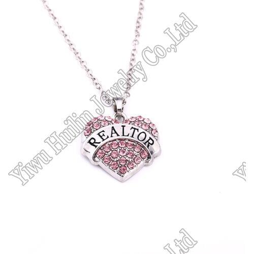 Realtor Pave Heart Charm Necklace Clear Cystal Rhinestones